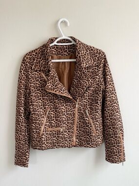 BROWN BLACK LEOPARD PRINT MOTO JACKET SILVER ZIPPERS CUFFS POCKETS LINED